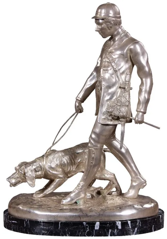Top-Preis Casa Padrino Luxus Bronzefigur Jäger mit Hund Silber / Schwarz 45 x 28 x H. 61 cm - Bronze Skulptur mit Marmorsockel - Schreibtisch Deko - Wohnzimmer Deko - Luxus Qualität