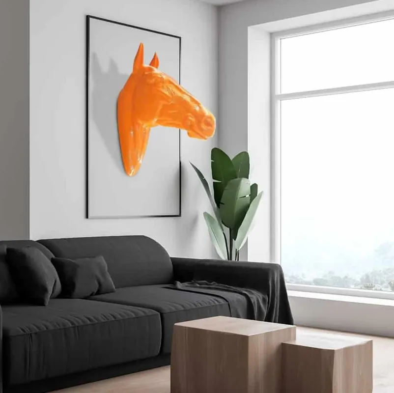 Casa Padrino Luxus Wanddeko Skulptur Pferdekopf Orange 22 x 57 x H. 76 cm - Wetterbeständige Dekofigur - Wohnzimmer Deko - Gartendeko - Terrassen Deko Neue Ware
