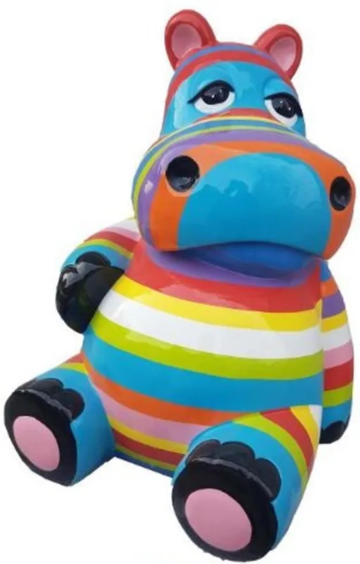 Casa Padrino Designer Deko Skulptur Sitzendes Nilpferd Mehrfarbig Gestreift H. 100 cm - Wetterbeständige Dekofigur - Wohnzimmer Deko - Garten Deko - Terrassen Deko Neue Ware
