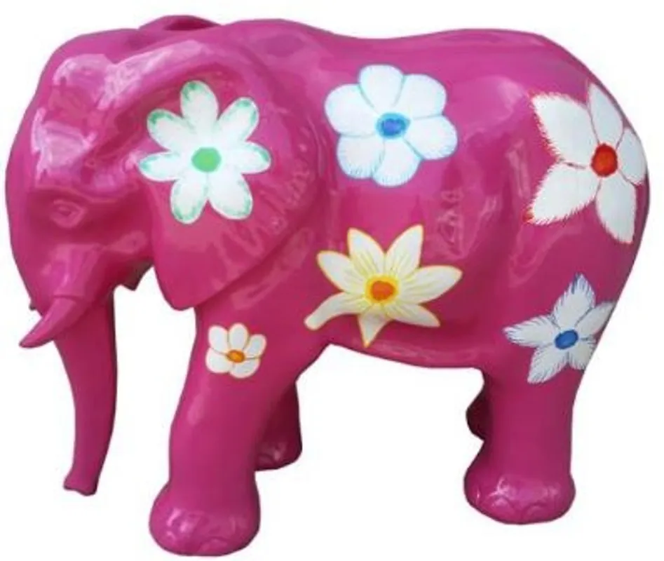 Casa Padrino Designer Deko Skulptur Elefant mit Blumen Design Lila / Mehrfarbig 90 x H. 70 cm - Wetterbeständige Gartendekofigur - Deko Tierfigur - Deko Accessoires Preis Gesenkt