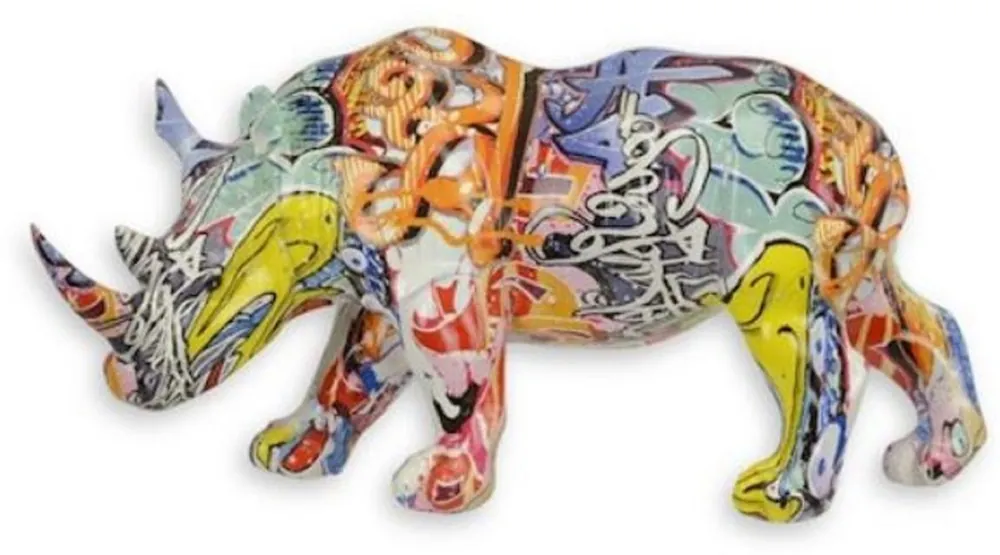 Casa Padrino Designer Kunstharz Dekofigur Nashorn Bunt 31,9 x 13 x H. 16,8 cm - Wohnzimmer Deko Skulptur - Deko Accessoires Kostenloser Versand
