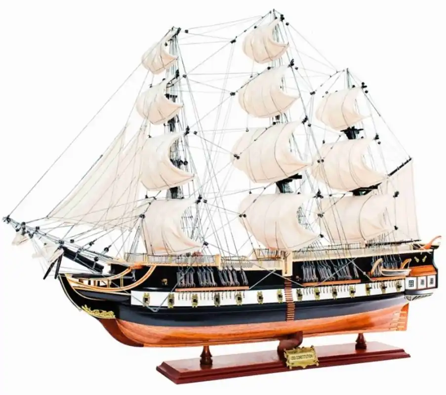 Casa Padrino Luxus Flaggschiff USS Constitution mit Massivholz Ständer Schwarz / Braun 103 x 30 x H. 85 cm - Handgefertigtes Deko Schiff Holzschiff Segelschiff Kriegsschiff - Deko Accessoires Sonderangebot