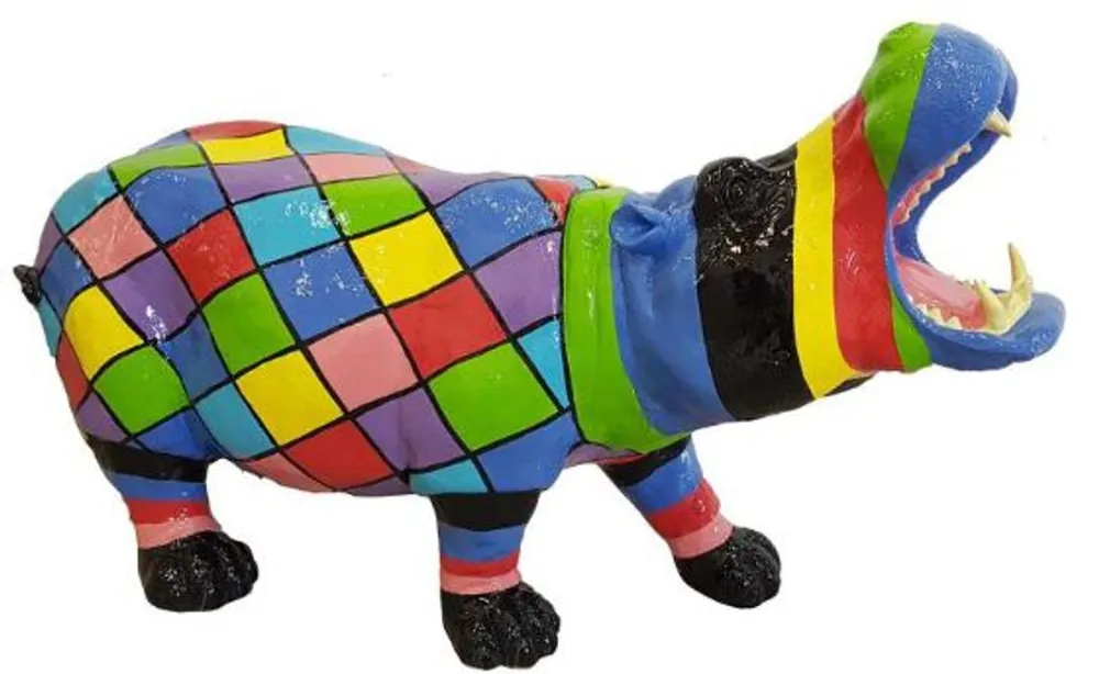Exklusiv Casa Padrino Designer Dekofigur Nilpferd Bunt 120 x H. 60 cm - Deko Skulptur - Gartenfigur - Wetterbeständige Gartendekoration