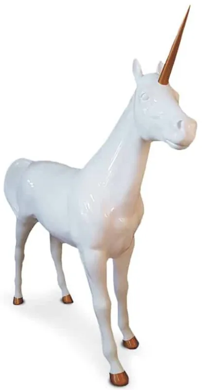 Casa Padrino Luxus Dekofigur Einhorn Pferd Weiß / Kupferfarben 245 x 56 x H. 220 cm - Lebensgroße Dekofigur - Riesige Tierfigur - Gartendeko Skulptur Expressversand