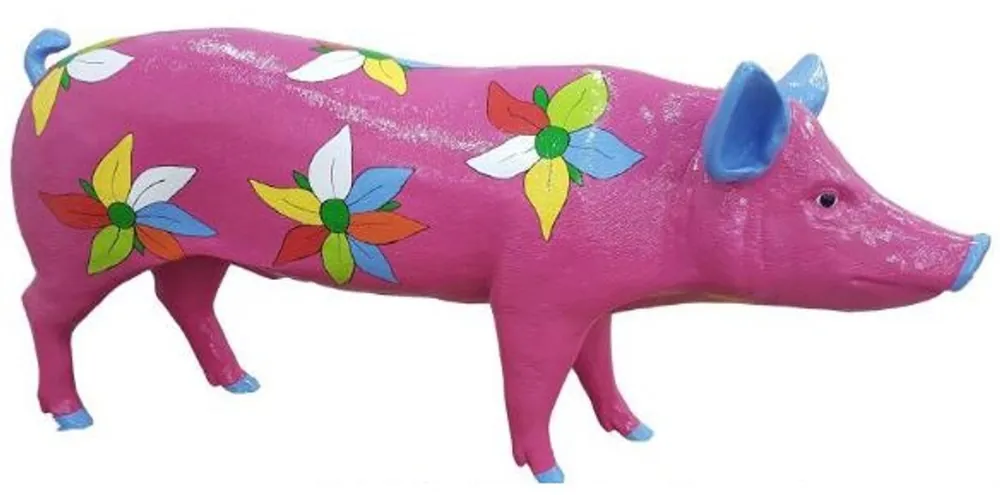Markenprodukt Casa Padrino Designer Dekofigur Schwein mit Blumen Design Lila / Mehrfarbig 160 x H. 70 cm - Lebensgroße Deko Skulptur - Wetterbeständige Gartendeko