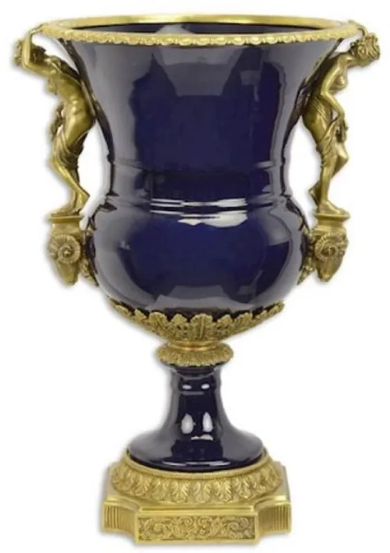 Casa Padrino Barock Porzellan Vase Dunkelblau / Messingfarben 43,4 x 37,5 x H. 60 cm - Prunkvolle Blumenvase - Deko Accessoires im Barockstil Neu Im Sortiment