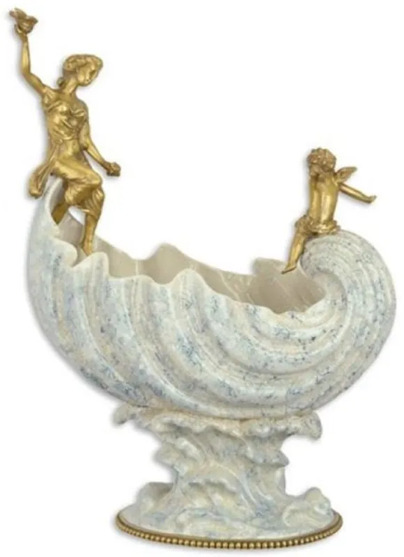 Casa Padrino Jugendstil Porzellan Schüssel mit Bronzefiguren Weiß / Blau / Gold 36,1 x 20,2 x H. 49 cm - Barock & Jugendstil Deko Accessoires Aktuell