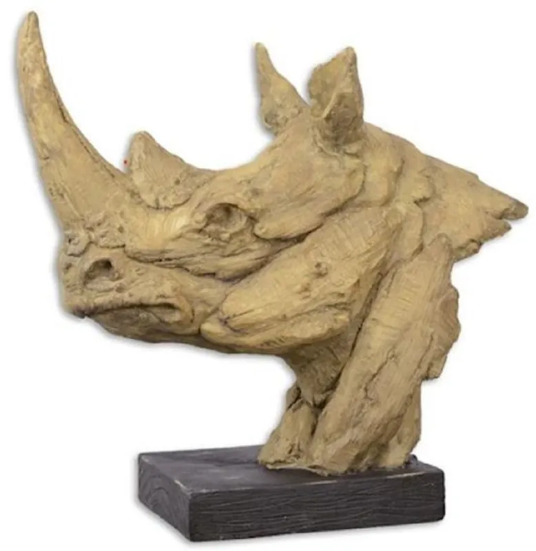 Casa Padrino Kunstharz Deko Skulptur mit Holzsockel Nashorn Kopf Beige / Schwarz 47,7 x 21,2 x H. 45,4 cm - Dekofigur - Schreibtisch Deko Nur Heute