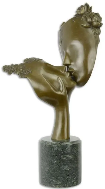 Casa Padrino Luxus Bronze Skulptur küssende Gesichter Bronze / Schwarz 30 x 23,7 x H. 53,6 cm - Bronzefigur mit Marmorsockel - Deko Accessoires Preis Gesenkt