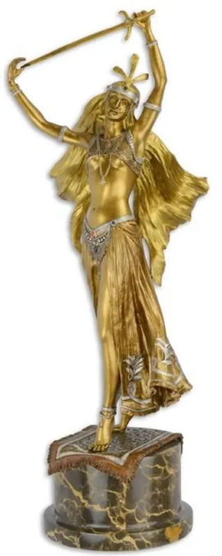 Casa Padrino Luxus Bronzefigur Schwerttänzerin Gold / Silber / Bronze / Schwarz 23,3 x 19,1 x H. 59,8 cm - Bronze Skulptur mit Marmorsockel - Deko Accessoires Zertifiziert