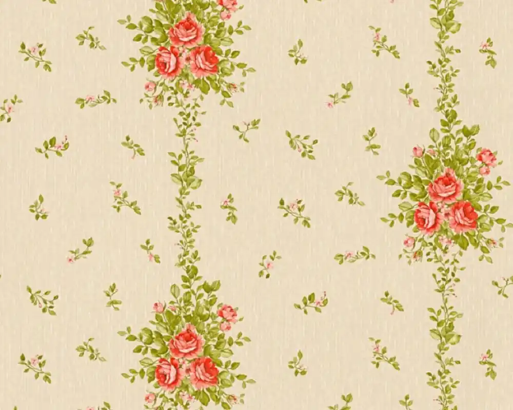 Casa Padrino Barock Vliestapete Beige / Grün / Rot - Barockstil Wohnzimmer Tapete mit elegantem Blumenmuster - Barock Wanddeko Saisonangebot