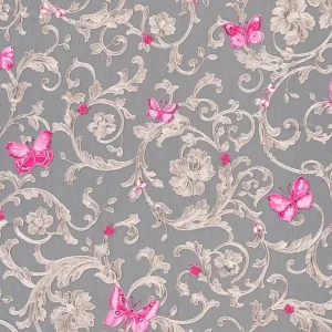 Versace Designer Barock Vliestapete Butterfly Barocco 343255 Grau / Silber / Pink - Design Tapete - Luxus Qualität Schneller Versand