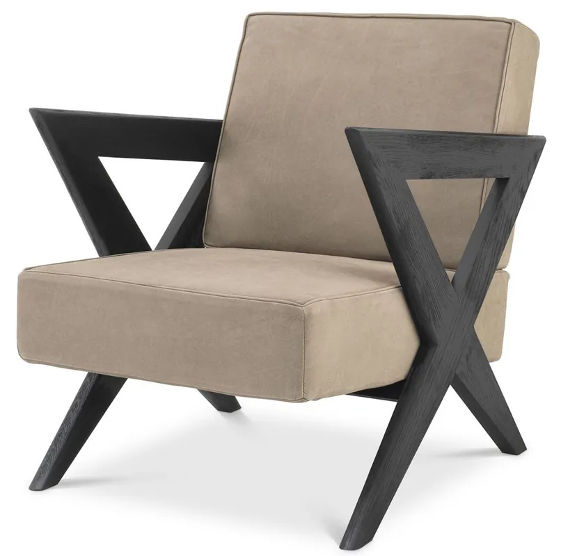 Casa Padrino Luxus Echtleder Sessel Beige / Schwarz 63 x 79 x H. 76 cm - Wohnzimmer Sessel mit edlem Büffelleder - Luxus Möbel Kostenloser Rückversand