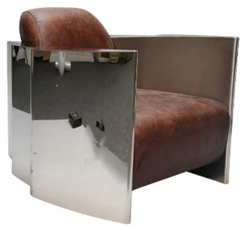 Online Kaufen Casa Padrino Echtleder Club Sessel Vintage Braun / Silber 68 x 89 x H. 73 cm - Luxus Qualität