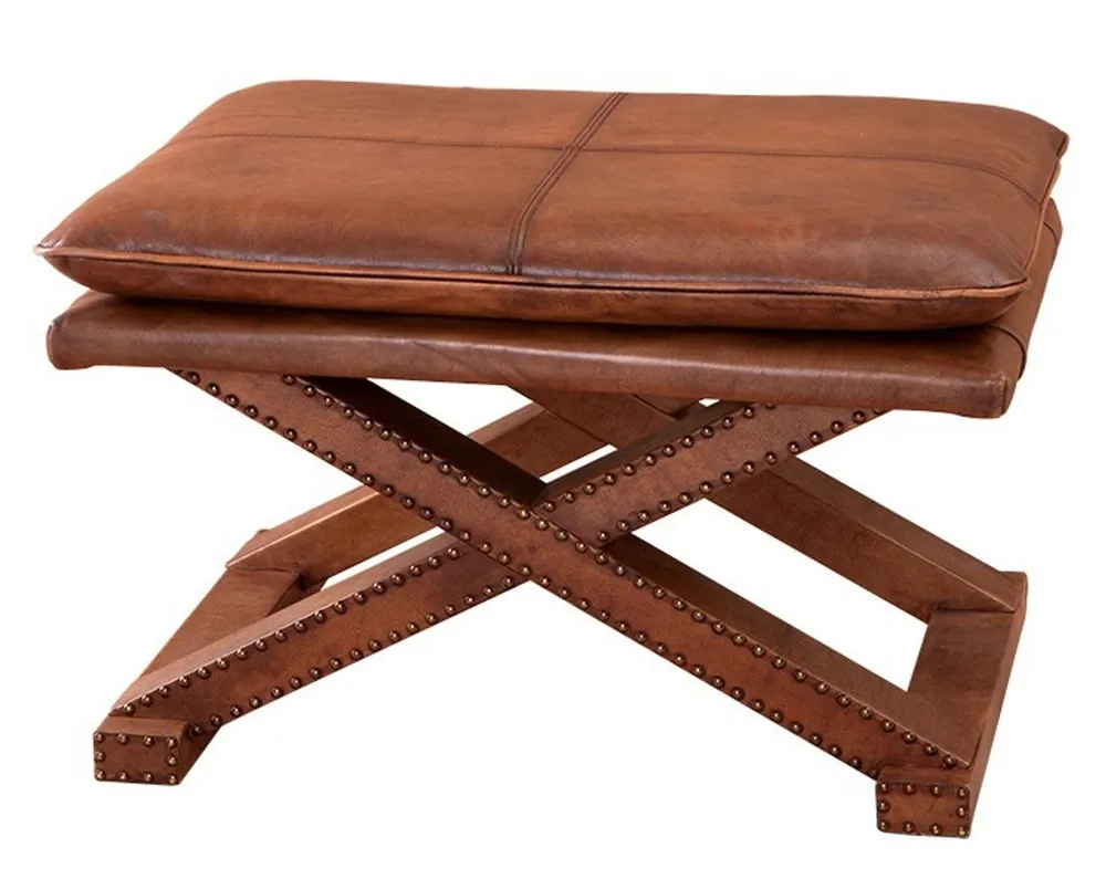 Casa Padrino Luxus Echt Leder Hocker Braun mit Nieten - Leder Möbel Expressversand