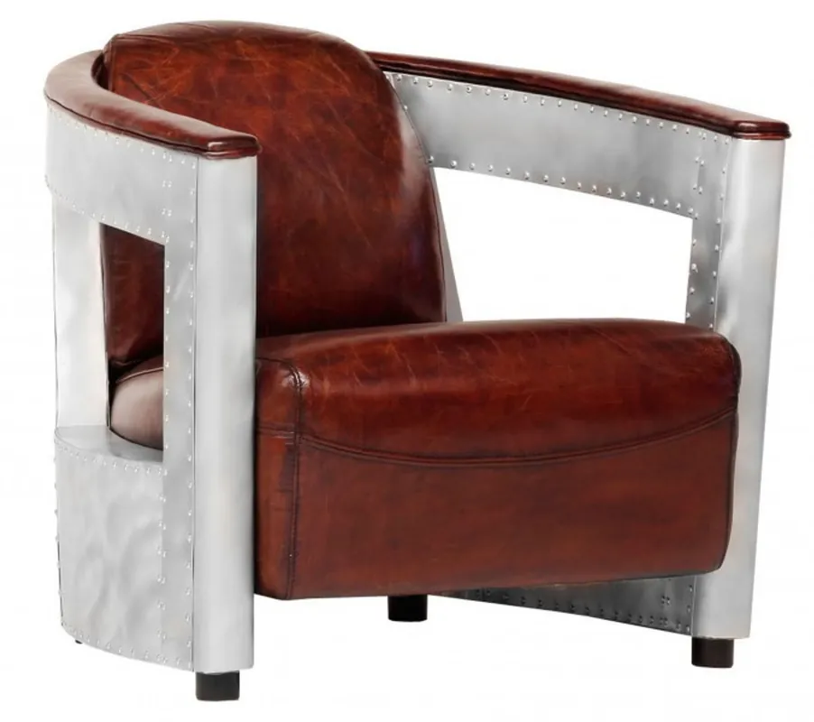 Casa Padrino Echt Leder Art Deco Sessel Chrom / Braun - Club Sessel - Lounge Sessel -Vintage Leder Sichere Zahlung