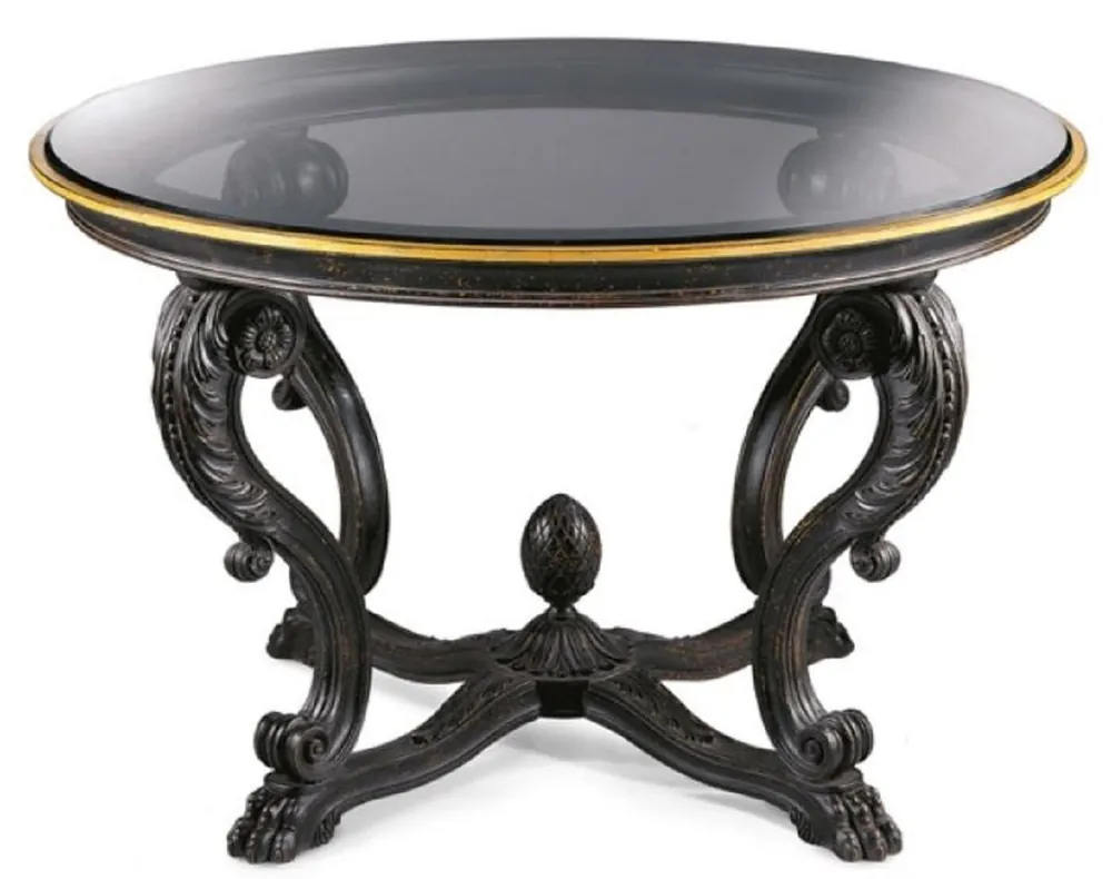 Casa Padrino Luxus Barock Esstisch Antik Schwarz / Antik Gold - Runder Barockstil Massivholz Esszimmertisch mit Glasplatte - Barock Esszimmer & Hotel Möbel - Luxus Qualität - Made in Italy Knallerangebot