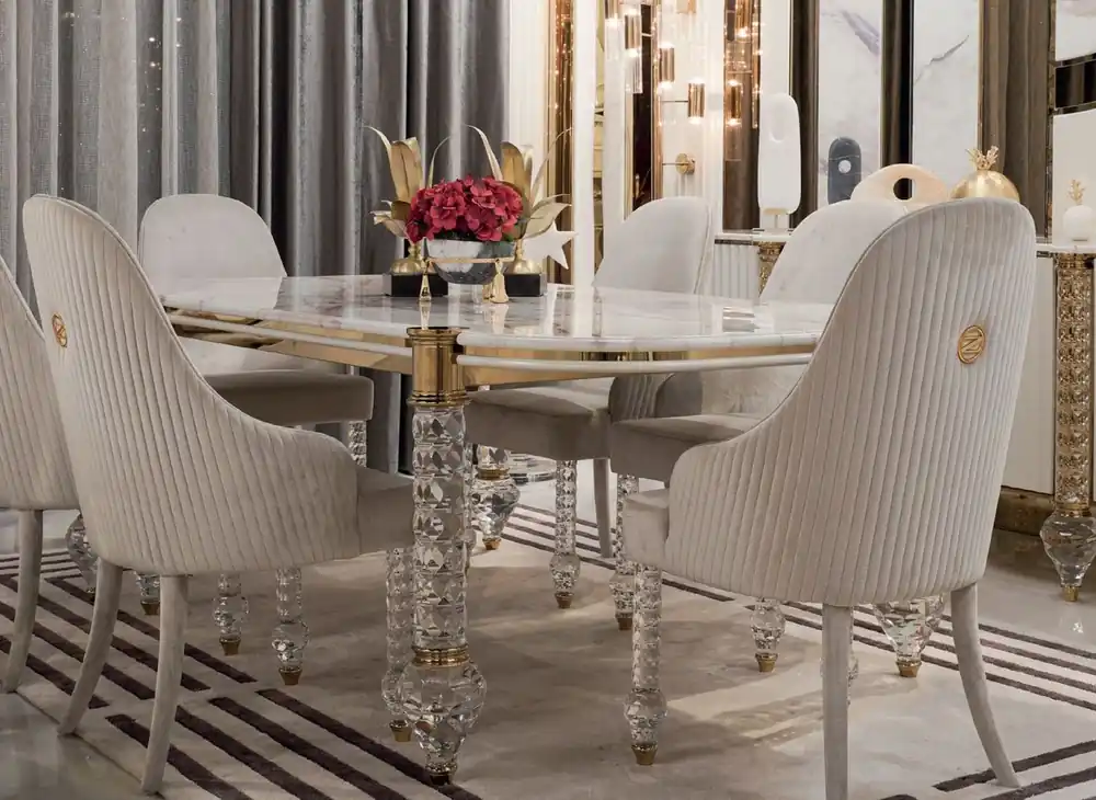 Mengenrabatt Casa Padrino Luxus Art Deco Esstisch Weiß / Gold 230 x 121 x H. 77 cm - Art Deco Esszimmer Tisch mit Kunstmarmor Tischplatte - Art Deco Möbel - Esszimmer Möbel - Luxus Möbel - Luxus Qualität