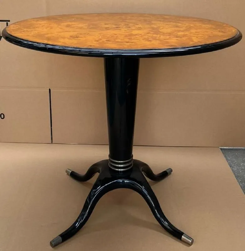 Expressversand Casa Padrino Luxus Esstisch Vogelaugenahorn Braun / Schwarz / Silber Ø 79 x H. 71 cm - Runder Massivholz Esszimmertisch - Esszimmer Möbel - Luxus Möbel