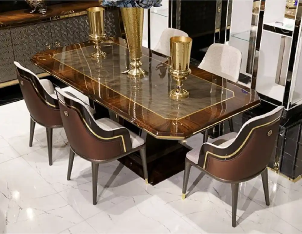 Jetzt Zugreifen Casa Padrino Luxus Esstisch Grau / Braun / Gold 226 x 112 x H. 70 cm - Rechteckiger Massivholz Küchentisch - Esszimmer Möbel - Luxus Möbel - Luxus Kollektion