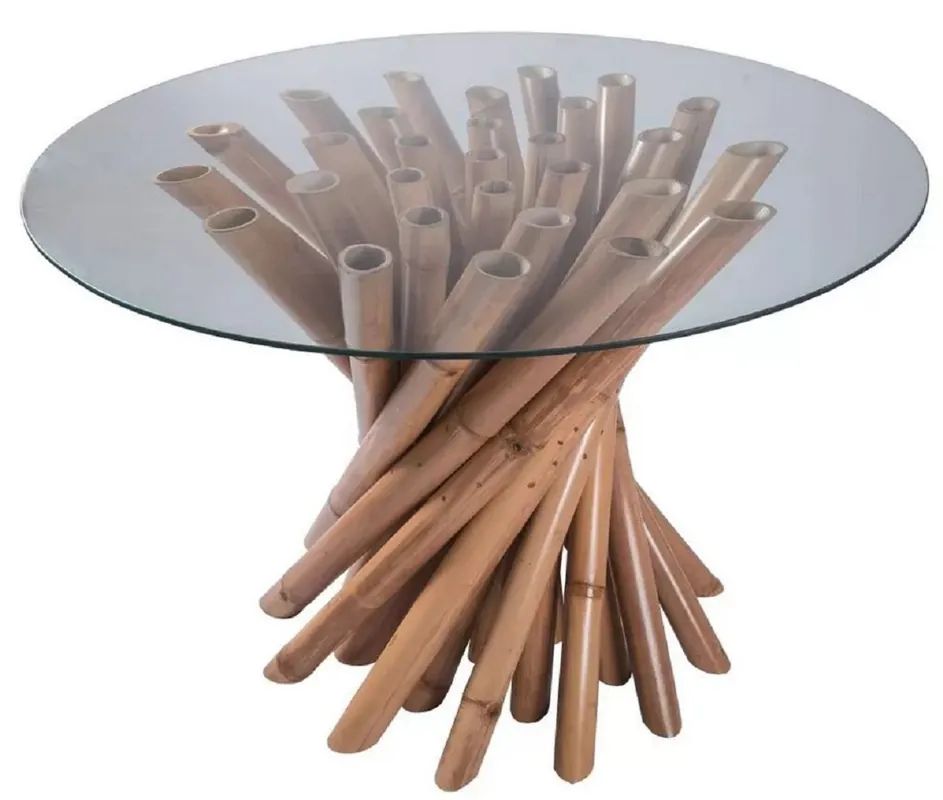 Casa Padrino Luxus Esstisch Naturfarben Ø 120 x H. 80 cm - Runder Bambus Küchentisch mit Glasplatte - Esszimmer Möbel - Bambus Möbel - Luxus Möbel - Luxus Esszimmer Einrichtung Highlight