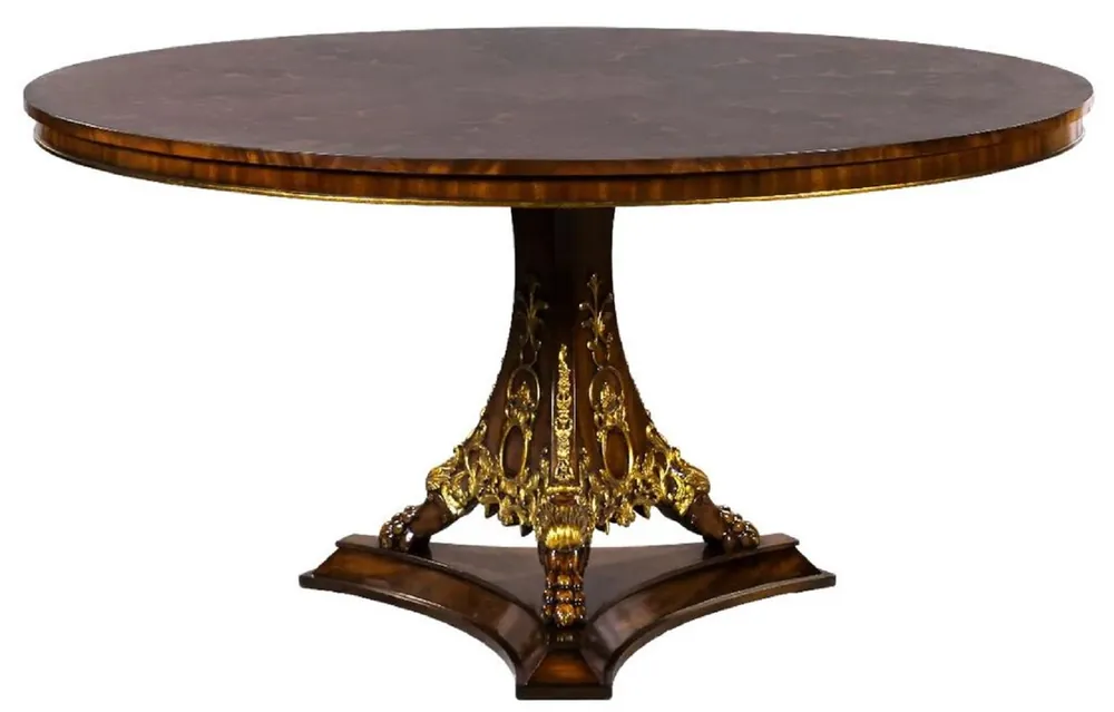 Hochwertig Casa Padrino Luxus Barock Esstisch Dunkelbraun Intarsien / Gold Ø 150 cm - Runder Barockstil Massivholz Küchentisch - Luxus Esszimmer Möbel im Barockstil - Barock Esszimmer Möbel