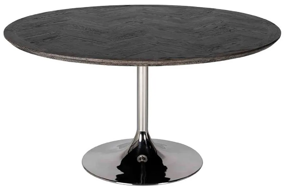 Casa Padrino Luxus Esstisch Schwarz / Silber Ø 140 x H. 75 cm - Runder Esszimmertisch mit Eichenfurnier Tischplatte und Edelstahl Tischbein - Luxus Esszimmer Möbel Highlight