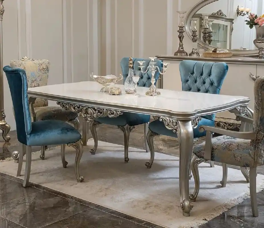 Günstig Casa Padrino Luxus Barock Esstisch Weiß / Silber - Massivholz Küchentisch im Barockstil - Barock Esszimmer Möbel