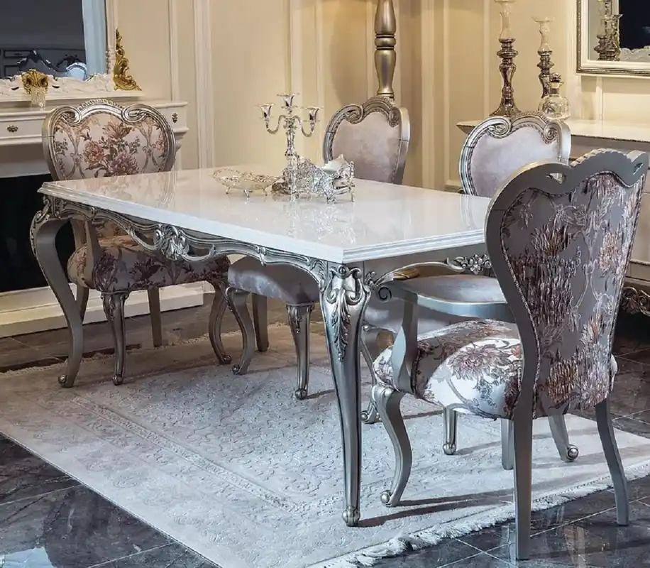 Casa Padrino Luxus Barock Esstisch Weiß / Silber - Handgefertigter Küchentisch im Barockstil - Barock Esszimmer Möbel Online Kaufen