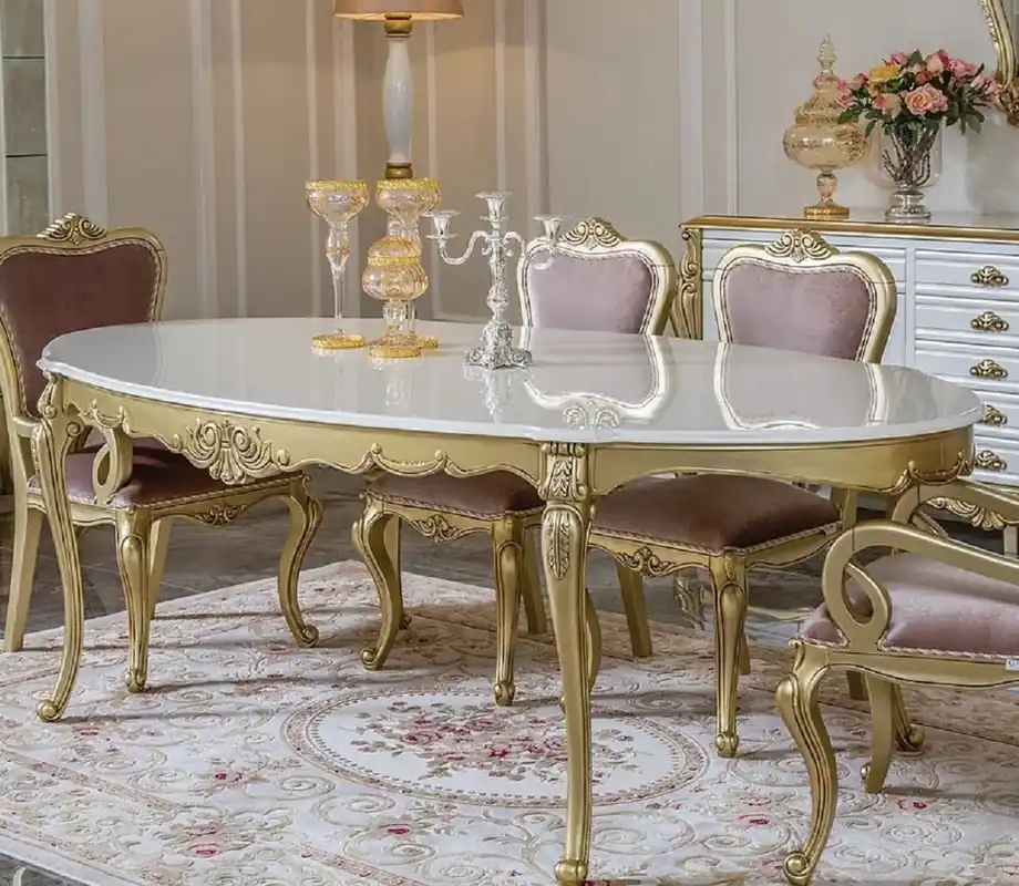 Casa Padrino Luxus Barock Esstisch Weiß / Gold - Ovaler Massivholz Esszimmertisch - Prunkvolle Barock Esszimmer Möbel Kostenloser Versand