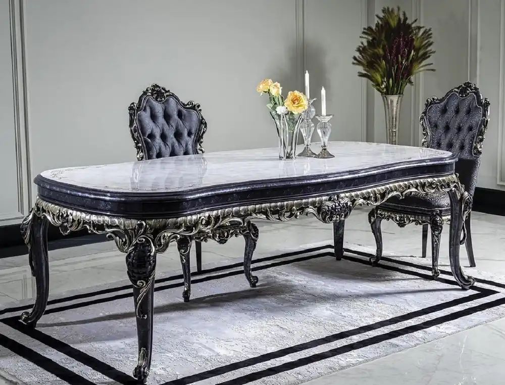 Casa Padrino Luxus Barock Esstisch Weiß / Blau / Gold - Handgefertigter Massivholz Esszimmertisch - Barock Esszimmer Möbel - Edel & Prunkvoll Top-Preis