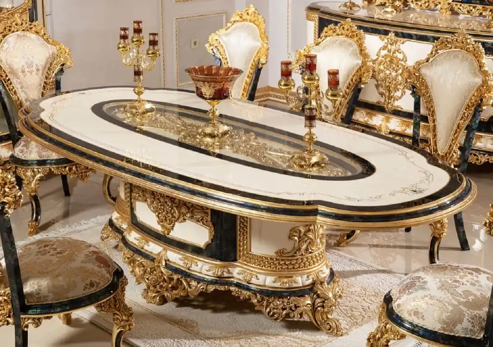 Casa Padrino Luxus Barock Esstisch Weiß / Blau / Gold - Prunkvoller Massivholz Esszimmertisch im Barockstil - Barock Esszimmer Möbel - Edel & Prunkvoll Neue Ware