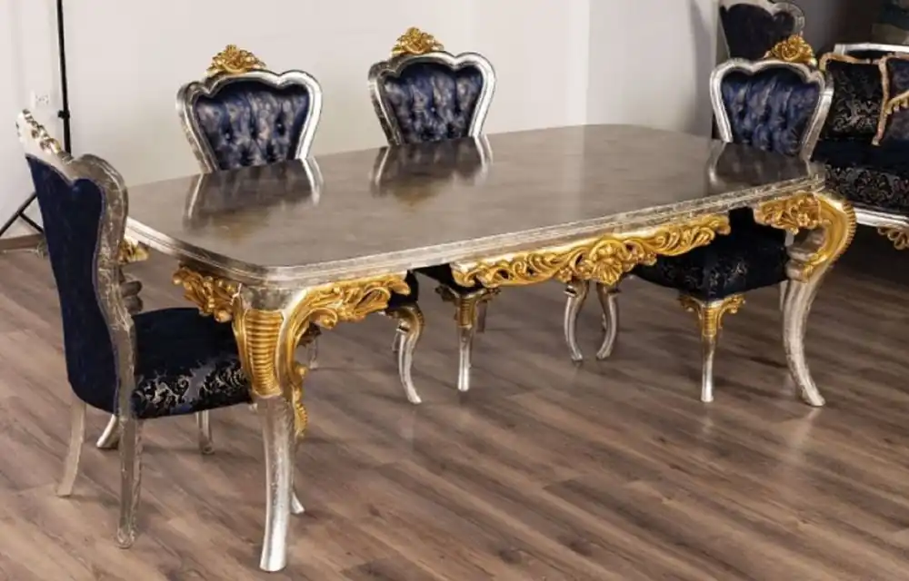 Neue Kollektion Casa Padrino Luxus Barock Esstisch Silber / Gold - Handgefertigter Massivholz Esszimmertisch im Barockstil - Prunkvolle Barock Esszimmer Möbel