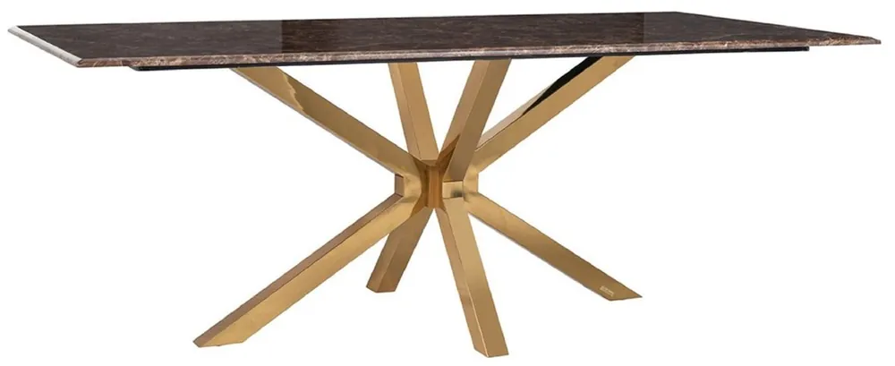 Geprüft Casa Padrino Luxus Esstisch Braun / Gold 200 x 100 x H. 77 cm - Rechteckiger Esszimmertisch mit Kunstmarmor Tischplatte und Edelstahl Beinen - Luxus Esszimmer Möbel
