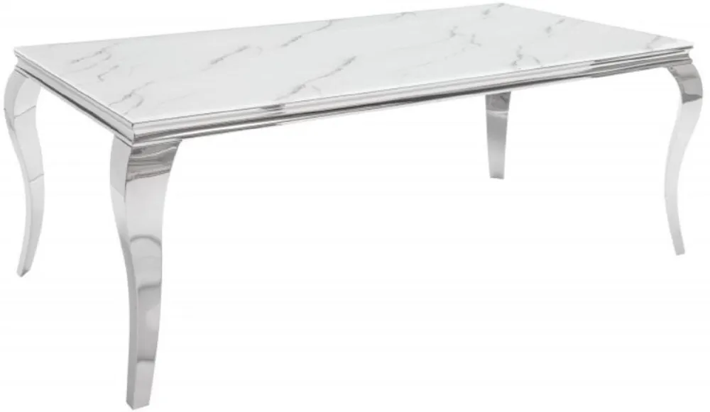 Mengenrabatt Casa Padrino Designer Esstisch Weiß / Grau / Silber 200 x 105 x H. 75 cm - Rechteckiger Edelstahl Küchentisch mit digitalbedrucktem Sicherheitsglas in Marmoroptik - Moderne Barock Möbel