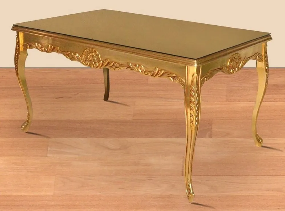 Limited Edition Casa Padrino Barock Esstisch Gold 200 x 100 x H. 90 cm - Massivholz Küchentisch mit Glasplatte - Barock Esszimmer Möbel