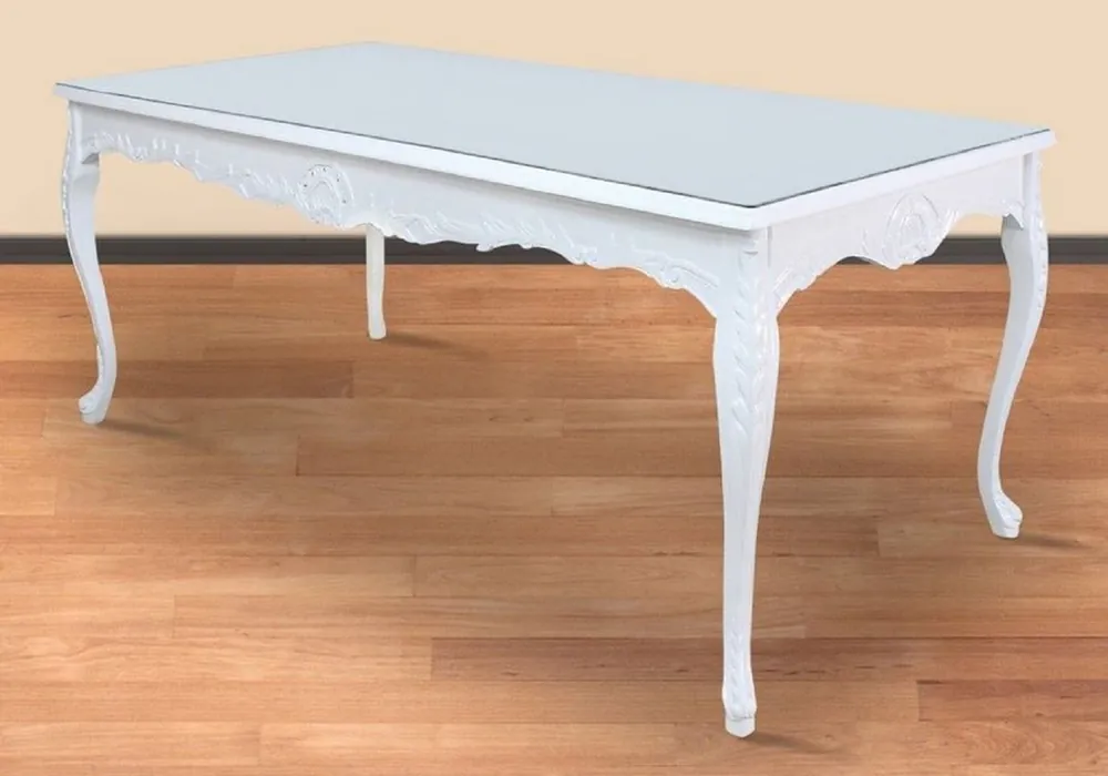 Schneller Versand Casa Padrino Barock Esstisch Weiß 200 x 100 x H. 90 cm - Massivholz Küchentisch mit Glasplatte - Barock Esszimmer Möbel