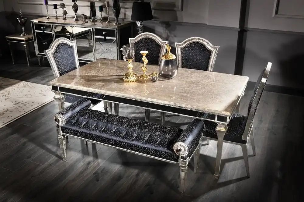 Preisreduziert Casa Padrino Luxus Barock Esstisch Antik Silber 200 x 112 x H. 85 cm - Massivholz Küchentisch mit Spiegelglas - Edle Esszimmer Möbel im Barockstil
