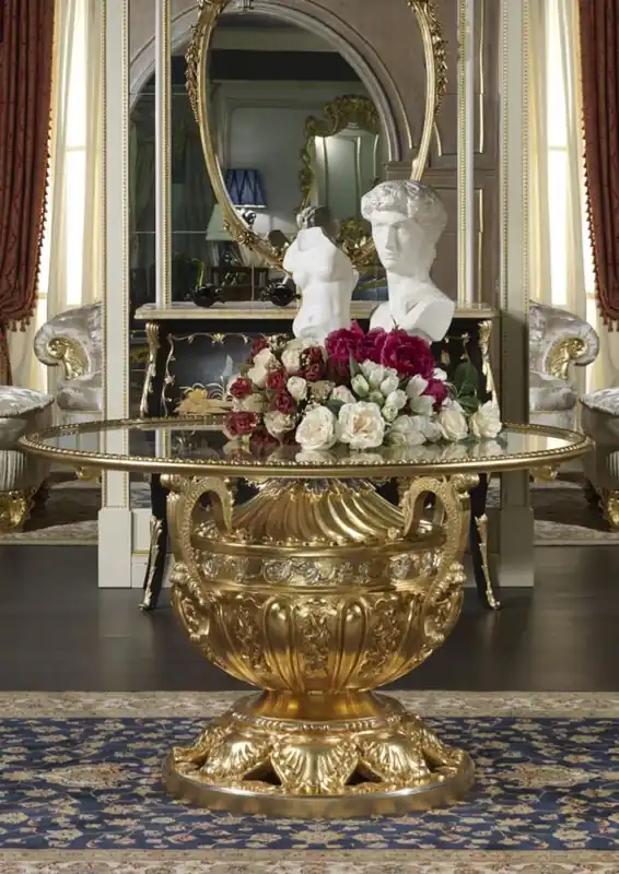 Jetzt Bestellen Casa Padrino Luxus Barock Esstisch Gold / Silber Ø 120 x H. 78 cm - Prunkvoller handgeschnitzter Esszimmertisch mit Glasplatte - Hotel Restaurant Schloss Möbel - Luxus Qualität - Made in Italy