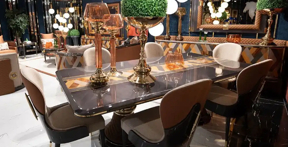 Kostenloser Rückversand Casa Padrino Luxus Art Deco Esszimmer Set Creme / Grau / Mehrfarbig / Braun / Gold - 1 Luxus Art Deco Esstisch & 6 Luxus Art Deco Esszimmerstühle - Luxus Art Deco Esszimmer Möbel