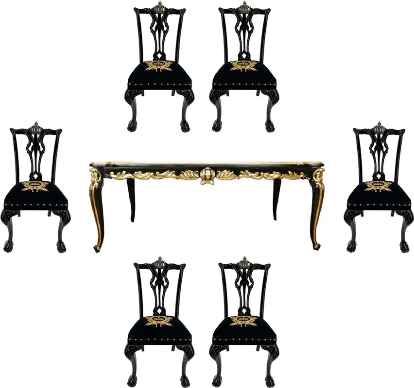 Pompöös by Casa Padrino Barock Luxus Esszimmer Set Schwarz / Gold - Pompööser Barock Esstisch mit Glasplatte und 6 Barock Esszimmerstühle designed by Harald Glööckler - Barock Möbel Billig