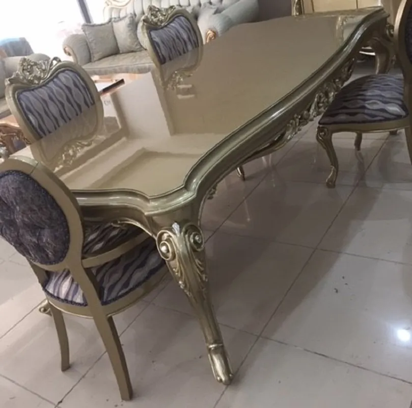 Echt Casa Padrino Luxus Barock Esszimmer Set Blau / Gold / Silber - 1 Barock Esstisch & 6 Barock Esszimmerstühle - Luxus Esszimmer Möbel im Barockstil - Prunkvolle Barock Esszimmer Möbel