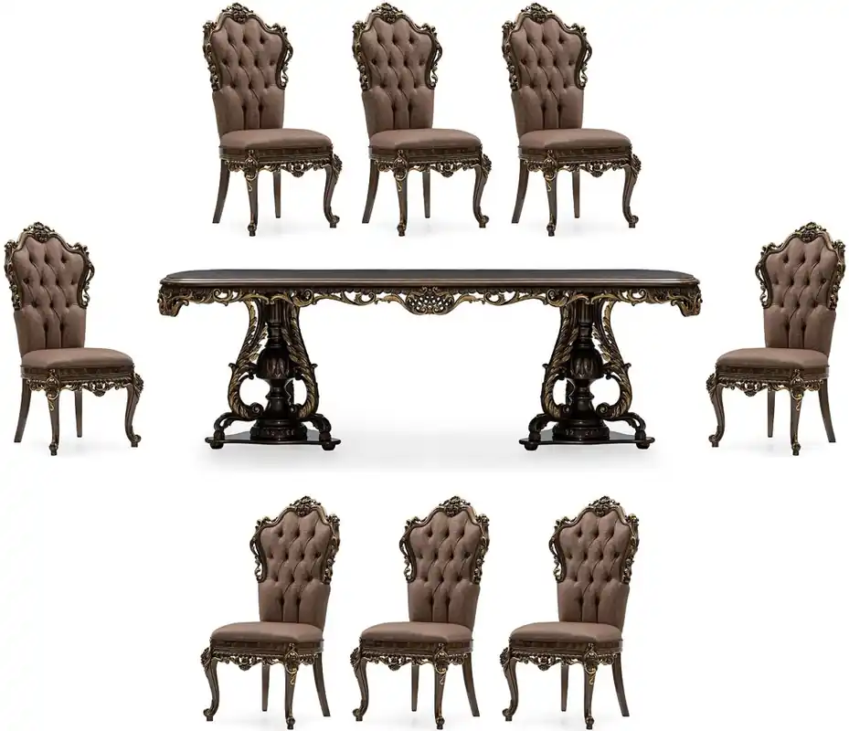 Casa Padrino Luxus Barock Esszimmer Set Grau / Braun / Gold - 1 Barock Esstisch & 8 Barock Esszimmerstühle - Luxus Esszimmer Möbel im Barockstil - Prunkvolle Barock Esszimmer Möbel Ausverkauf