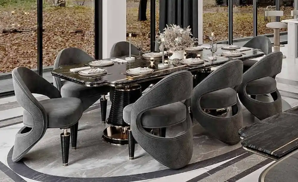 Kracherpreis Casa Padrino Luxus Esszimmer Möbel Set Grau / Schwarz / Gold - 1 Luxus Esstisch mit Kunstmarmor Tischplatte & 8 Luxus Esszimmerstühle - Esszimmer Möbel - Restaurant Möbel - Luxus Möbel