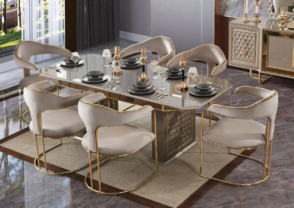 Mega-Angebot Casa Padrino Luxus Art Deco Esszimmer Set Grau / Gold - 1 Ausziehbarer Esstisch & 6 Esszimmerstühle mit Armlehnen - Esszimmer Möbel - Art Deco Möbel - Luxus Möbel - Art Deco Einrichtung