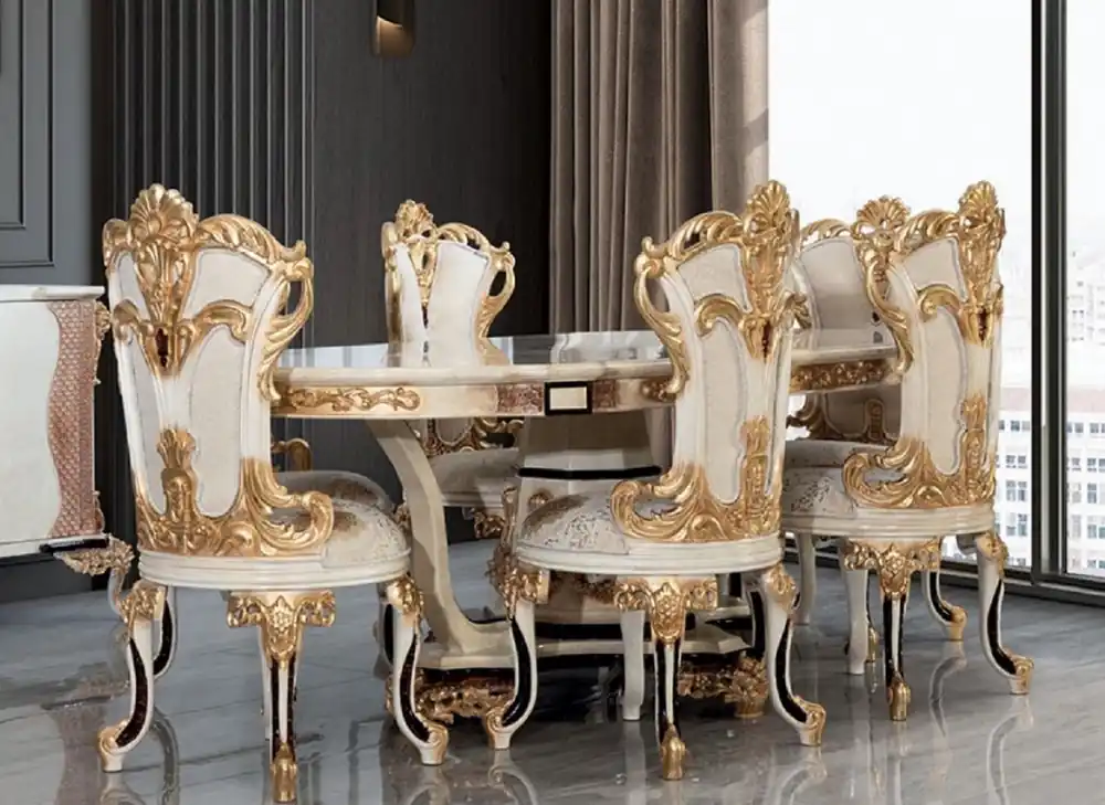 Casa Padrino Luxus Barock Esszimmer Set Creme / Weiß / Gold - 1 Barock Esstisch & 6 Barock Esszimmerstühle - Barock Esszimmer Möbel - Luxus Möbel im Barockstil - Edel & Prunkvoll Must-Have