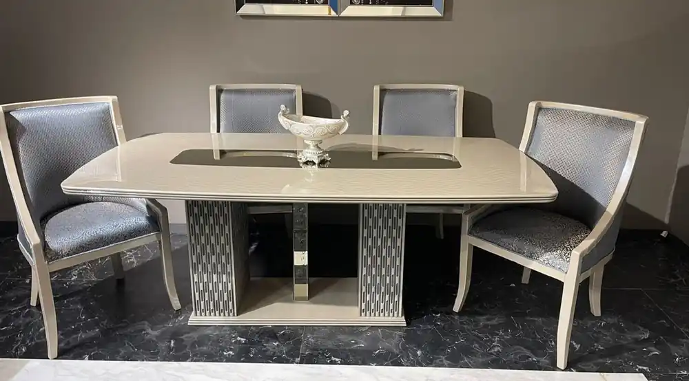 Casa Padrino Luxus Art Deco Esszimmer Set Hellblau / Creme / Gold - 1 Art Deco Esstisch & 6 Art Deco Esszimmerstühle - Esszimmer Möbel - Art Deco Möbel - Luxus Möbel - Art Deco Einrichtung Beliebt