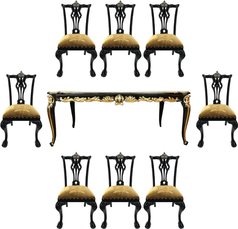 Günstig Pompöös by Casa Padrino Barock Luxus Esszimmer Set Krone Gold / Schwarz - Pompööser Barock Esstisch mit Glasplatte und 8 Stühlen designed by Harald Glööckler - Esszimmer Möbel im Barockstil