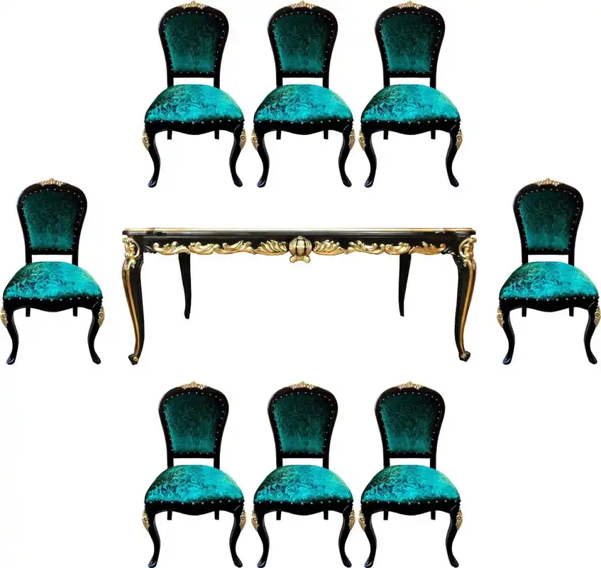 Geld-Zurück-Garantie Pompöös by Casa Padrino Barock Luxus Esszimmer Set Grün / Schwarz / Gold - Pompööser Barock Esstisch mit Glasplatte und 8 Stühlen designed by Harald Glööckler - Esszimmer Möbel im Barockstil