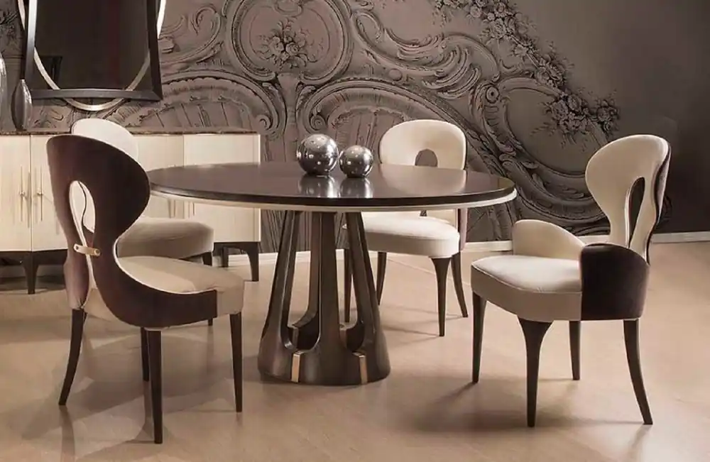 Top-Qualität Casa Padrino Luxus Art Deco Esszimmer Set Creme / Braun / Gold - 1 Runder Luxus Art Deco Esstisch & 4 Luxus Art Deco Esszimmerstühle - Art Deco Esszimmer Möbel - Luxus Qualität - Made in Italy